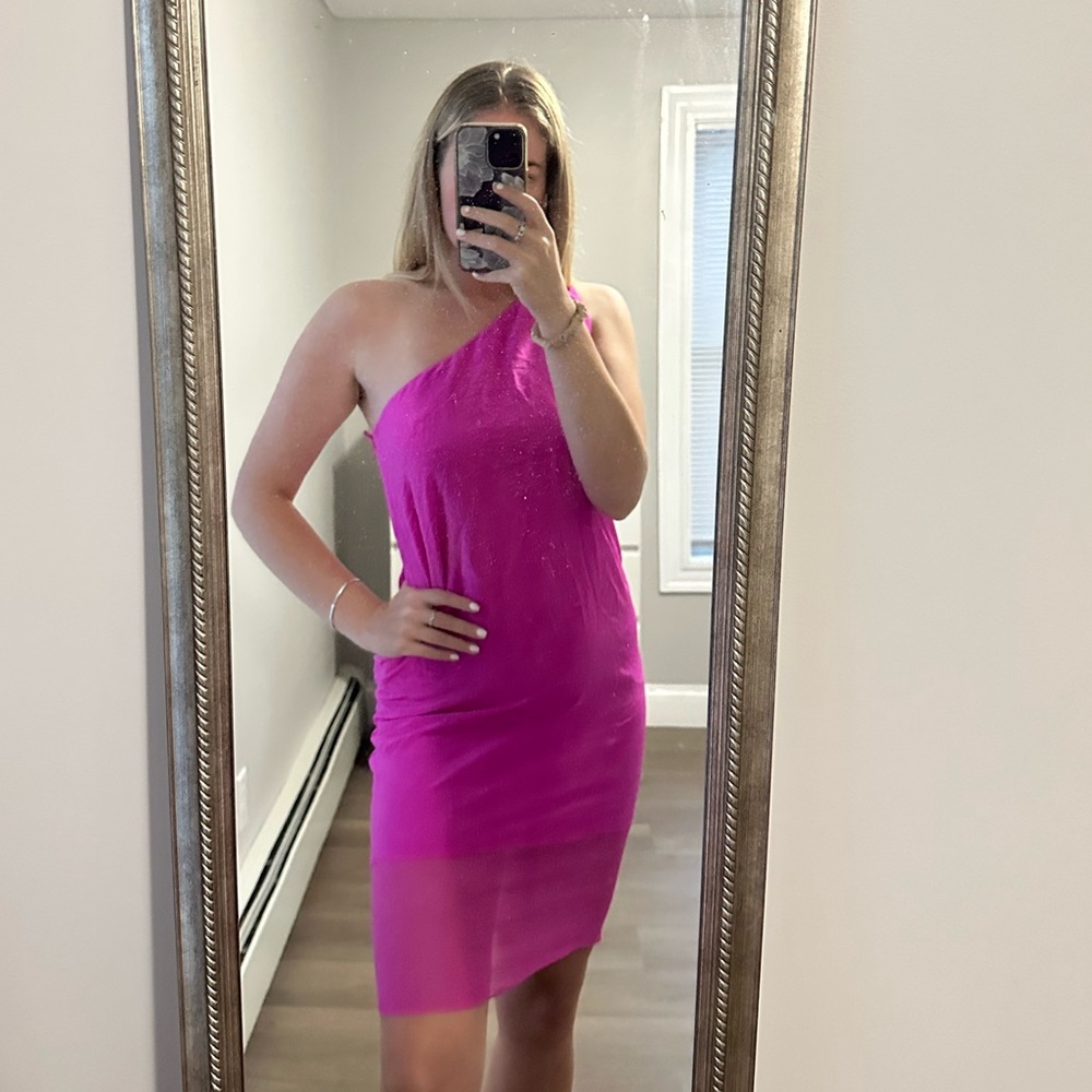 tibi one shoulder hot pink dress